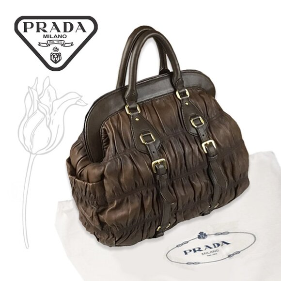 Prada Handbags - PRADA Nappa Gaufre Brown Leather Satchel Bag
